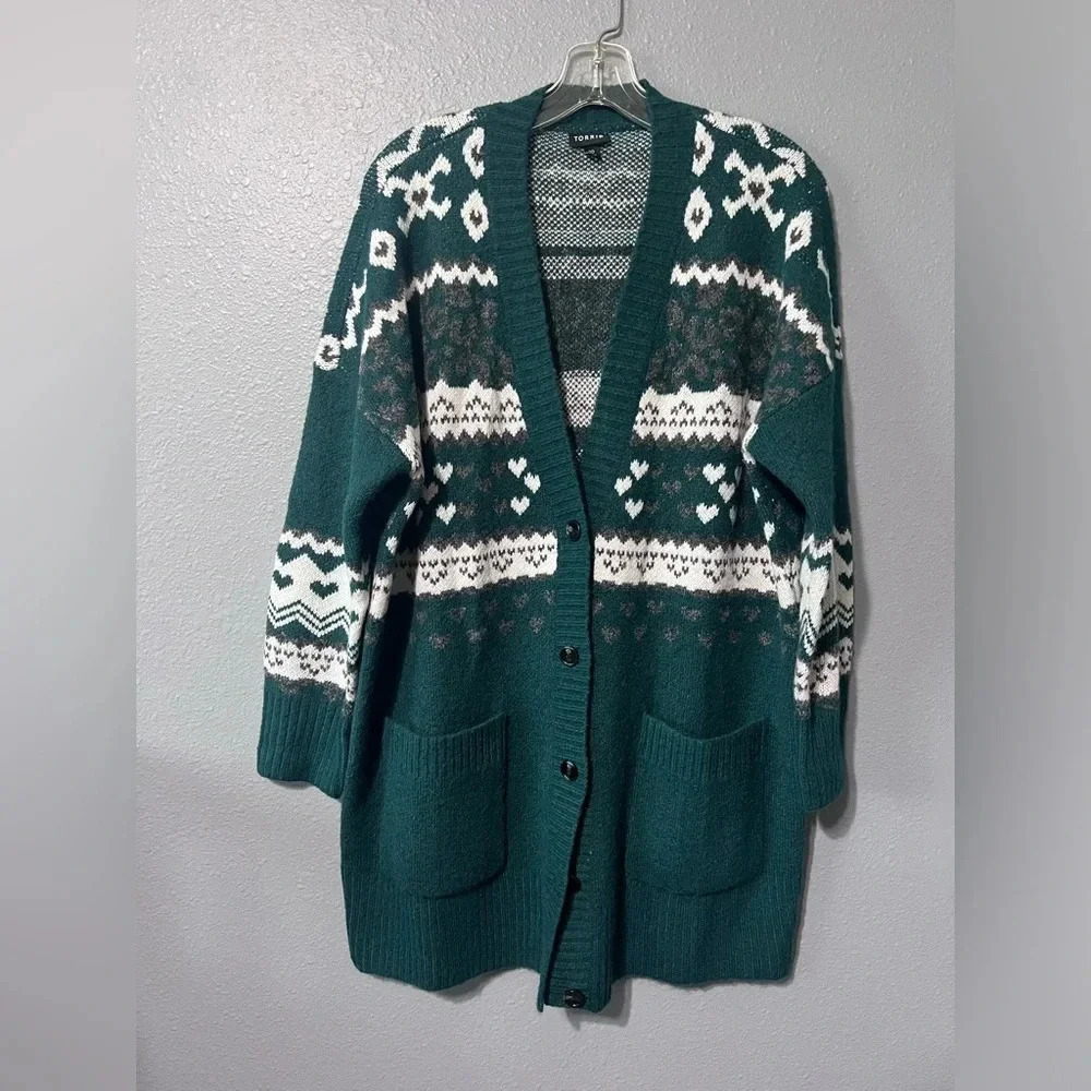 NWOT TORRID Cardigan Sweater Green/White V Neck Button Front Pockets Sz 00 SOFT